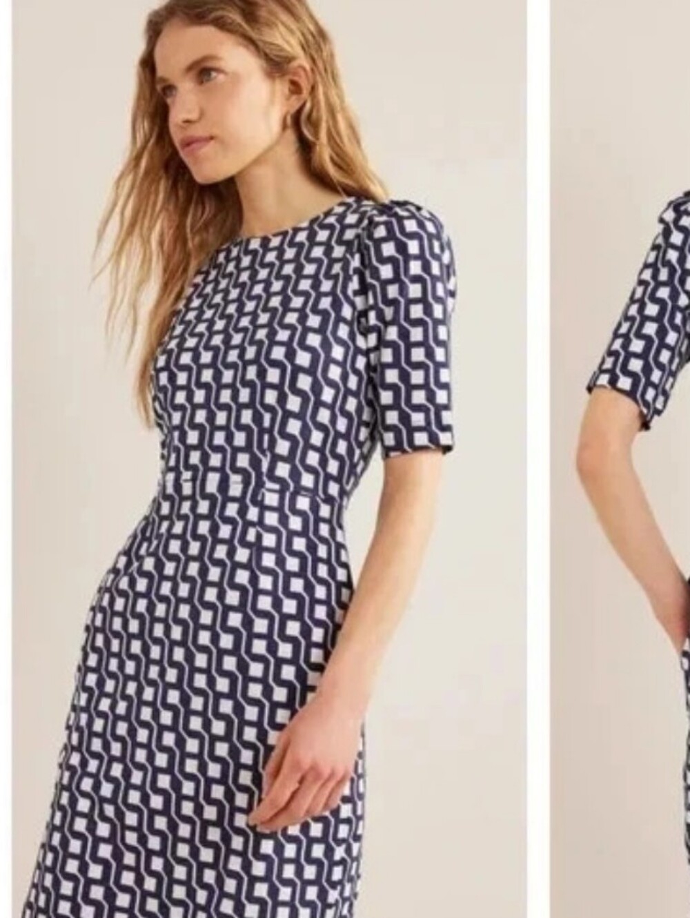 Boden Navy and White Geometric Short-Sleeve Shift Dress Pockets 8 Jersey